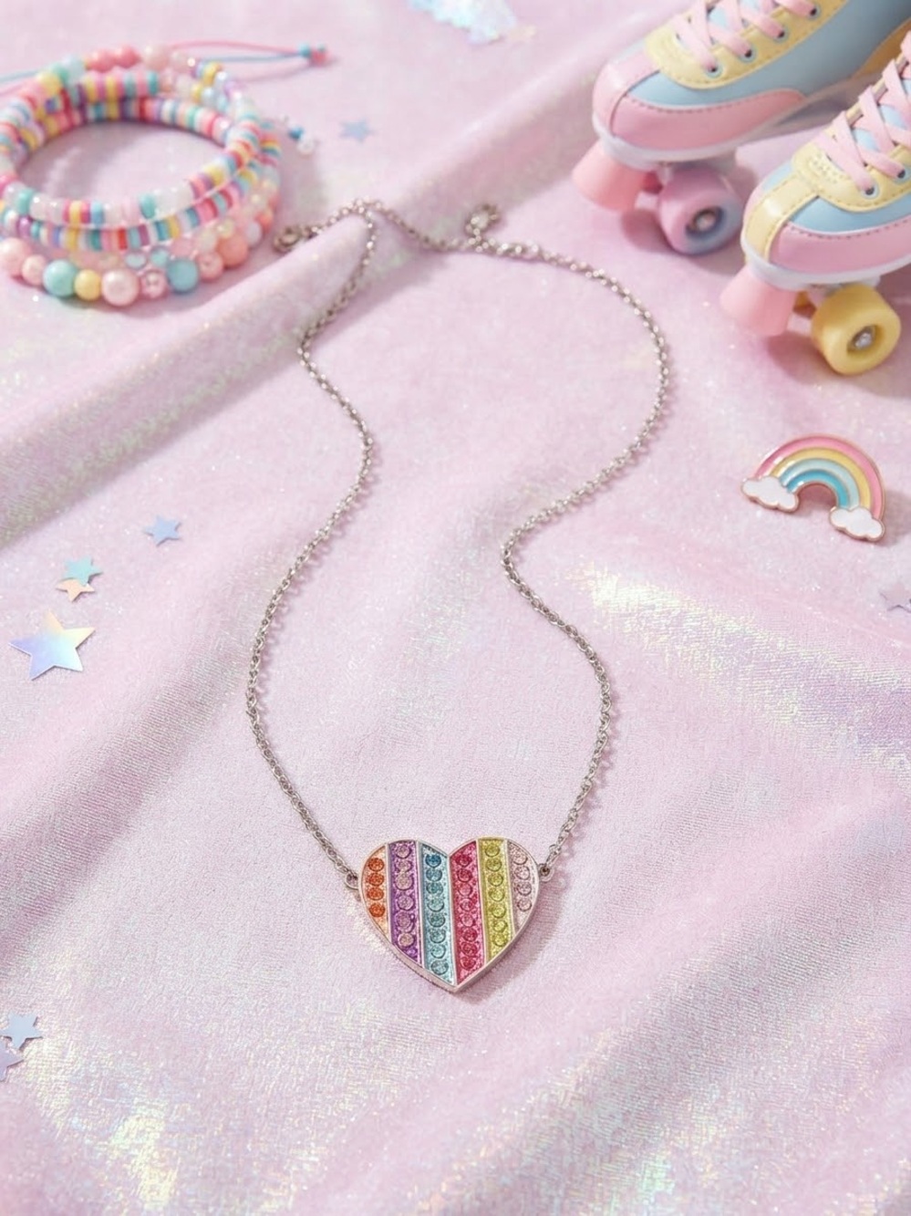 Silver Rainbow Heart Pendant Necklace - Multicolor